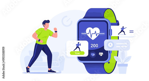 Man exercising with smart watch tracking heart rate and steps, fitness technology concept