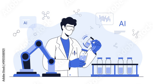 AI robot arm assists scientist in futuristic laboratory research with test tubes and molecules