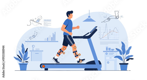 Athlete running on treadmill with motion capture sensors for biomechanical analysis