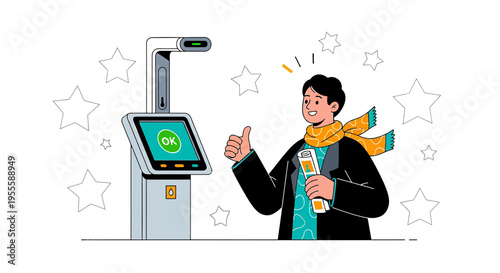 Man gives thumbs up next to a modern kiosk with OK screen, stars background