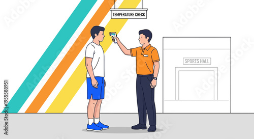Man gets temperature check at sports hall entrance for COVID-19 safety