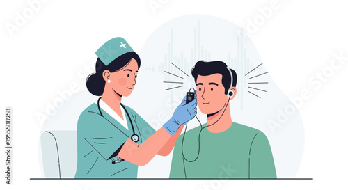 Audiologist performing hearing test on patient with audiometer, ear examination, medical check-up