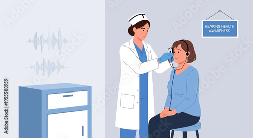 Audiologist examines patient's hearing with otoscope in clinic, hearing health awareness