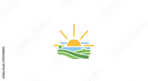 Minimalist Landscape Depicting Sunset over Rolling Hills and a Tiny Tree in Logo Style