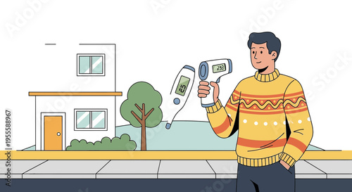 Man holding thermometer outside house, checking temperature, health check