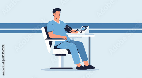 Man in blue scrubs having blood pressure measured by medical device