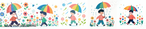 vector of little boy walking with umbrella in spring