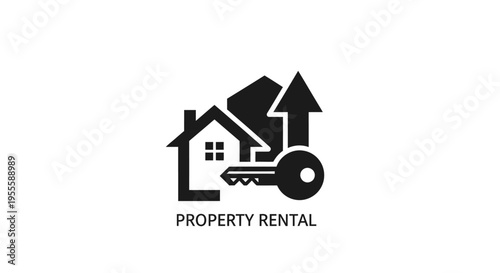 Minimalist property rental logo featuring house, key, and upward arrow icon