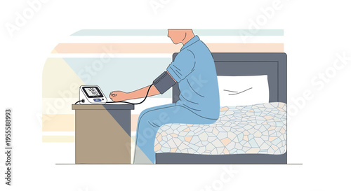 Man in blue scrubs measuring blood pressure at home bedside with digital monitor