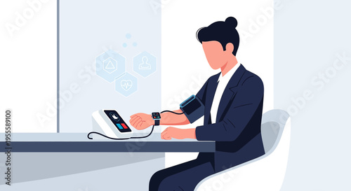 Man in suit using smart blood pressure monitor with futuristic health icons