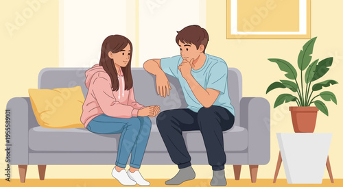 Couple Talking Seriously on Sofa, Holding Hands, Indoor Scene, Relationship Issues
