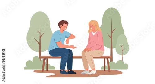 Couple Talking on Park Bench Surrounded by Trees and Bushes