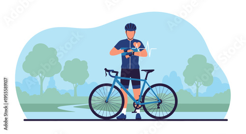 Cyclist checking heart rate on smartwatch after bike ride in park