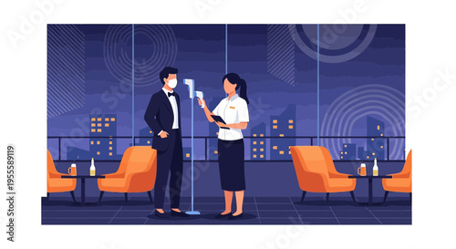 Man in suit wearing mask undergoes temperature check by attendant in modern restaurant