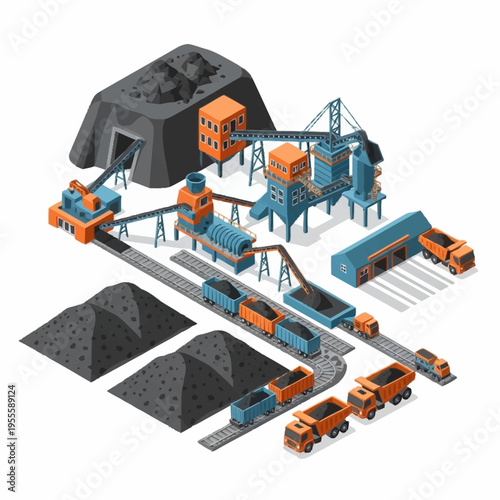 Isometric Coal Mining and Processing Plant with Heavy Machinery.