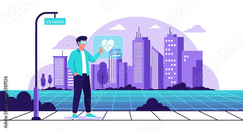 Man in VR headset interacting with futuristic smart city health interface