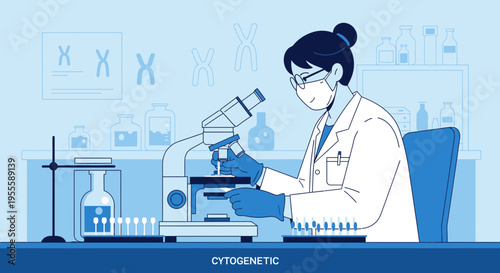 Cytogeneticist analyzing chromosomes under microscope in laboratory, scientific research