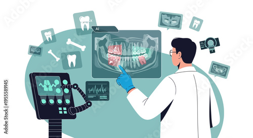 Dentist analyzing dental x-ray with futuristic technology and holographic display