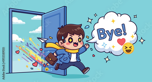Excited young man with briefcase happily running out of an open door with a speech bubble saying Bye