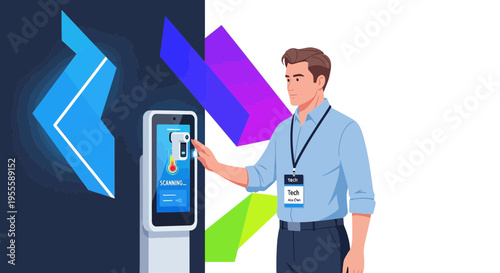 Man Interacting with Digital Kiosk for Information and Scanning at Event