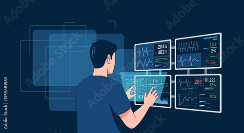Man Interacting with Futuristic Digital Data Displays and Graphs