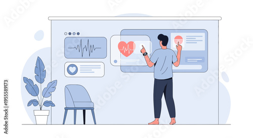 Man interacting with futuristic health data interface, heart rate monitor, medical technology