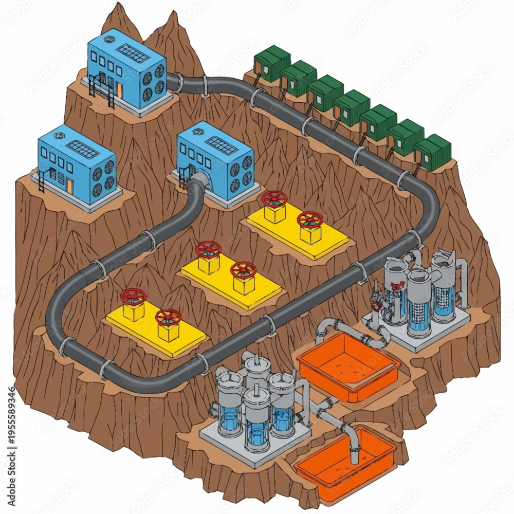 Fototapeta premium Isometric Diagram of an Industrial Water Treatment and Distribution System.