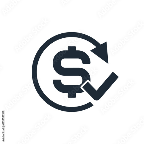 A dollar sign with an arrow and a check mark.  Secure and fast transfer of funds, a cashback, or a successful payment. Vector linear icon illustration isolated on a white background.