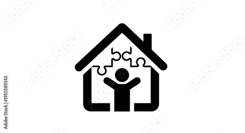 Symbolic representation of home, child, and puzzle pieces, conveying a concept of family.