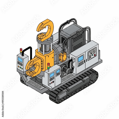 Isometric heavy duty industrial machinery with robotic arm and tracks.