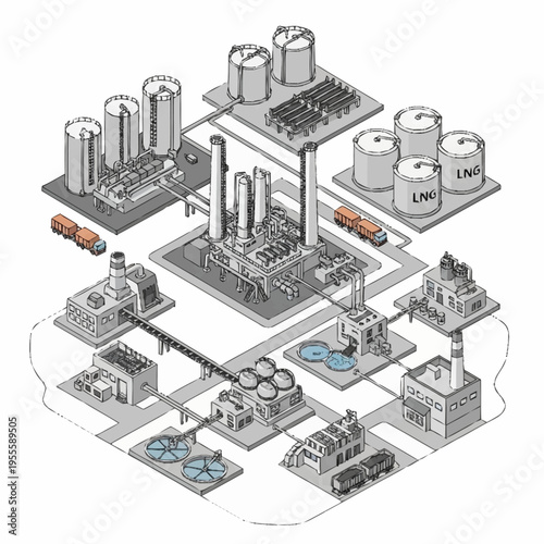 Isometric illustration of a complex industrial energy production and distribution network.