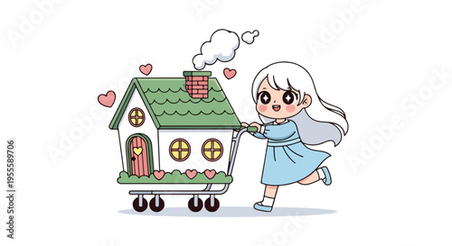 Cute cartoon girl happily pushing a small house on wheels in a shopping cart with hearts floating