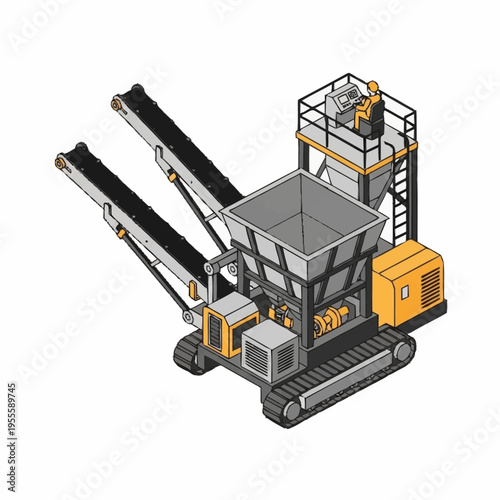 Isometric illustration of a mobile crushing plant with conveyor belts and processing unit.