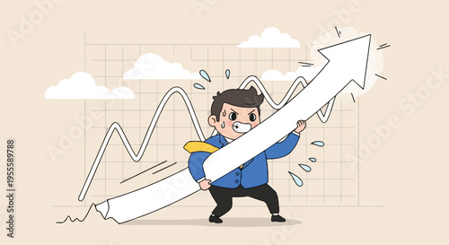 A cartoon man in a blue jacket struggles to hold a large white arrow pointing upwards with a worried expression amidst a beige background with graph lines and clouds.