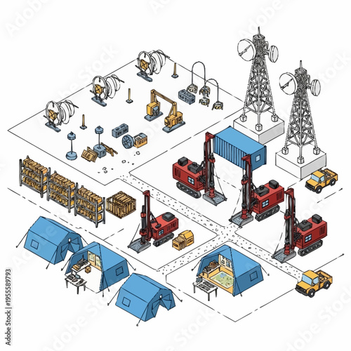 Isometric illustration of a construction site with various equipment and temporary structures.
