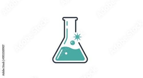 Illustration of a laboratory flask with a liquid and a burst of light element for science