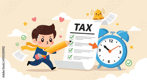 Cartoon businessman rushing to complete tax forms with a clock and laptop in a playful, illustrative scene with bright colors and dynamic composition.