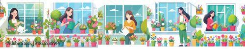 vector of woman taking care of flowers on window in spring