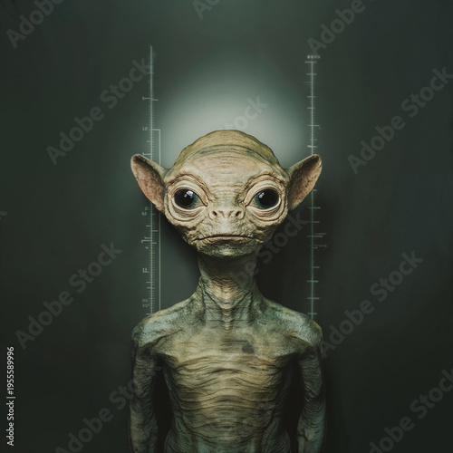 Green alien figure with large eyes and ears against a measurement backdrop in a laboratory