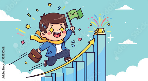 A cartoon businessman in a blue suit and yellow scarf runs up a rising bar graph with a briefcase and flag in a celebratory scene with colorful confetti against a blue sky with clouds.
