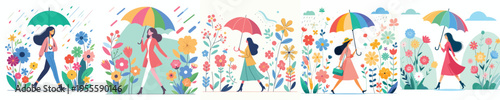 vector woman walking with umbrella in spring