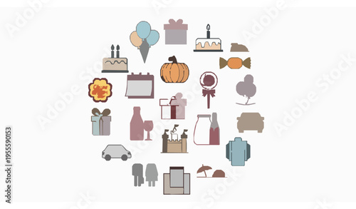 Modern outline party and travel icons in circular layout with balloon cake gift and vacation symbols vector set
