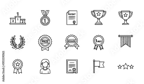 Minimal thin line award icon clusters with trophy medal certificate star and victory symbols outline vector set
