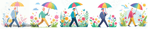 vector grandfather walking with umbrella in spring