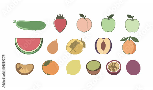 Thin line fruit banner icons with cucumber strawberry watermelon mango and citrus in clean outline vector style