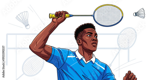 African American man playing badminton with racket and shuttlecock