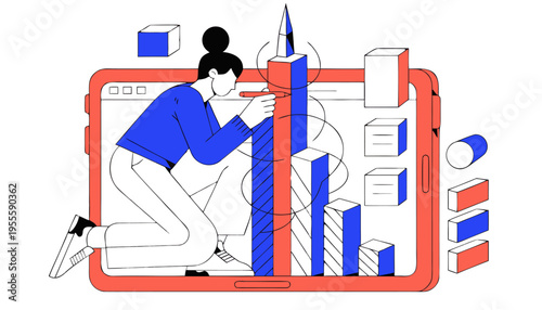 Digital 3D Bar Charts Skyscraper Building Concept with Stylus and Large Tablet Representing Financial Growth and Business Development on Transparent Background