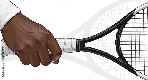 Brown hand holding black and white tennis racket on white background