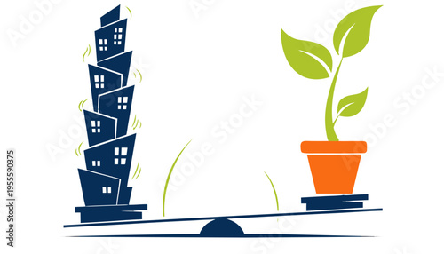 Sustainable Urban Planning Concept: Seesaw Balancing City Skyscraper Silhouette and Green Potted Sapling on Transparent Background