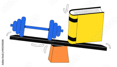 Concept of Balanced Lifestyle Seesaw with Barbell and Hardcover Book Symbolizing Physical and Mental Health Harmony on Transparent Background